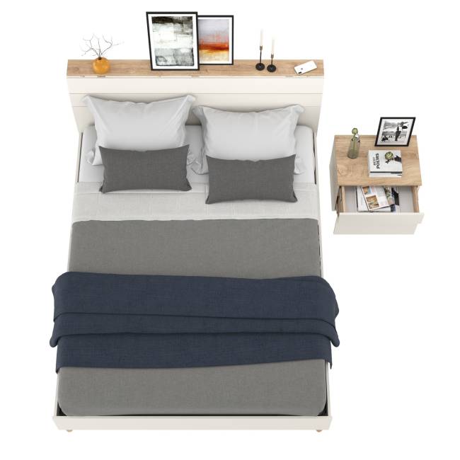 Кровать двуспальная Муссон 1600 с ортопедическим основанием и прикроватная тумба цвет белый/дуб эндгрейн элегантный