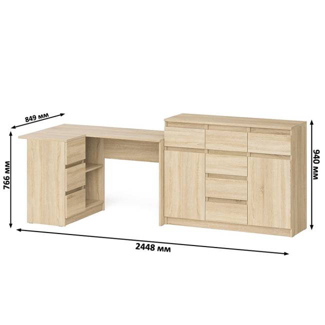 Тумба-комод Мори 1200 с угловым компьютерным столом МС-16 с тумбой слева Мори цвет дуб сонома