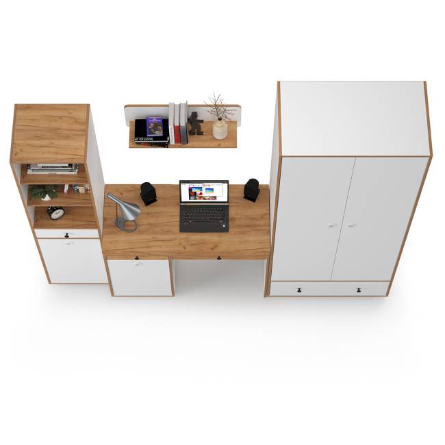 Молодёжная мебельная стенка Вуди № 22 цвет белый премиум/дуб крафт золотой