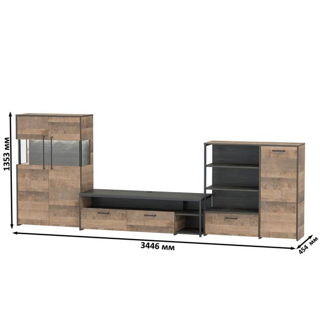 Стенка в гостиную Трувор № 54 с тумбой с подсветкой цвет дуб гранж песочный/интра