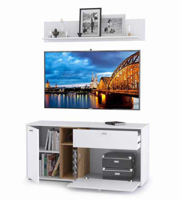 Тумба для ТВ Бэль 10.91 с полкой 10.107, цвет дуб крафт золотой/белый премиум