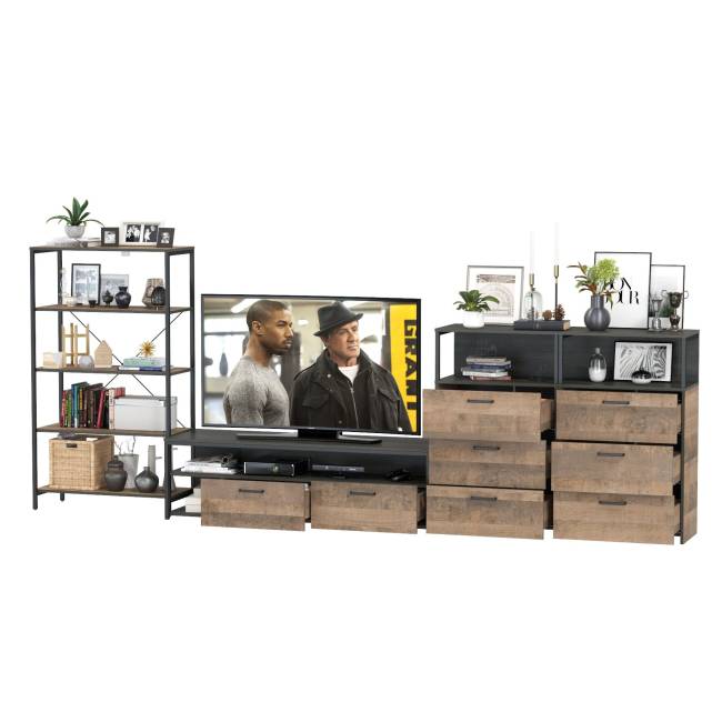 Стеллаж открытый с ТВ-тумбой и двумя комодами с тремя ящиками Трувор № 98 цвет дуб гранж песочный/интра