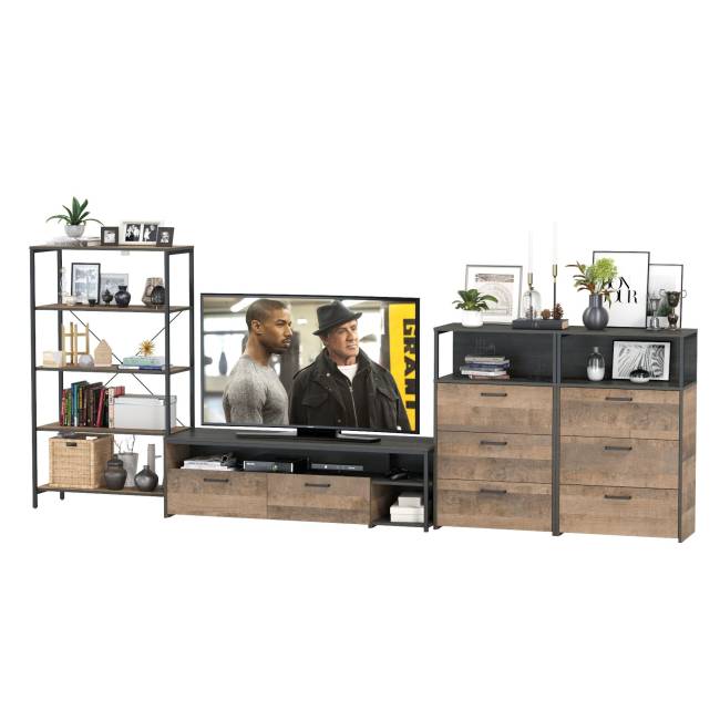 Стеллаж открытый с ТВ-тумбой и двумя комодами с тремя ящиками Трувор № 98 цвет дуб гранж песочный/интра