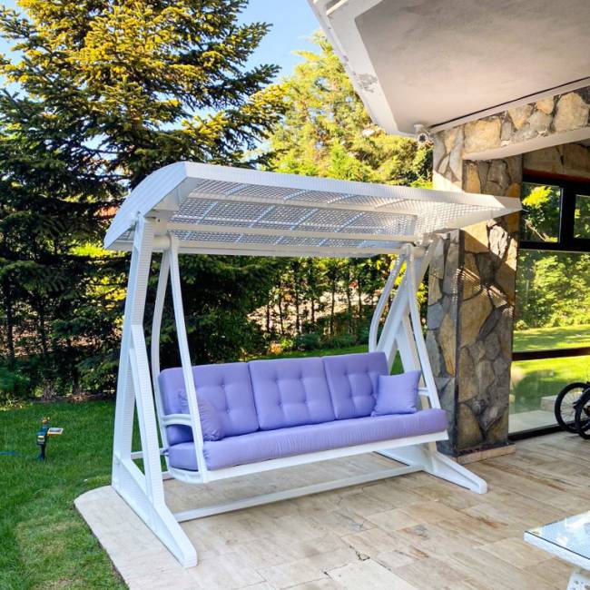 Качели пластиковые плетеные с подушкой Hawaii белый 2250х1640х2020 мм Качели пластиковые плетеные с подушкой Hawaii белый 2250х1640х2020 мм