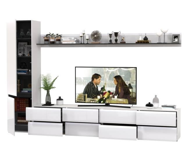 Две ТВ-тумбы с двумя навесными полочками и шкафом с полками Сидней цвет белый/чёрный/МДФ белый глянец Две ТВ-тумбы с двумя навесными полочками и шкафом с полками Сидней цвет белый/чёрный/МДФ белый глянец
