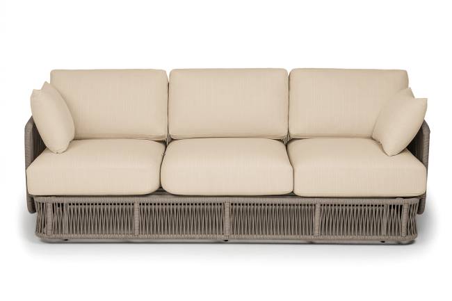 "Альбано" диван 3-местный плетеный из роупа, каркас алюминий светло-серый (RAL7035) муар, роуп серый меланж круглый, ткань Mossle светло-бежевая