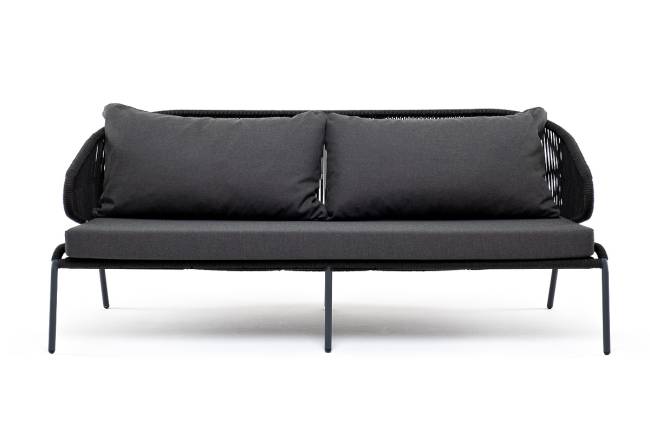 "Милан" диван 3-местный плетеный из роупа, каркас алюминий темно-серый (RAL7024) муар, роуп темно-серый круглый, ткань темно-серая 027