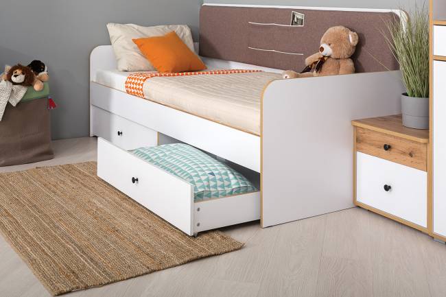 Кровать с ящиками Вуди 11.02 цвет белый премиум/дуб крафт золотой/саванна латте Кровать с ящиками Вуди 11.02 цвет белый премиум/дуб крафт золотой/саванна латте