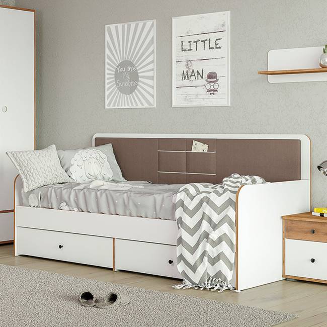 Кровать с ящиками Вуди 11.02 цвет белый премиум/дуб крафт золотой/саванна латте Кровать с ящиками Вуди 11.02 цвет белый премиум/дуб крафт золотой/саванна латте