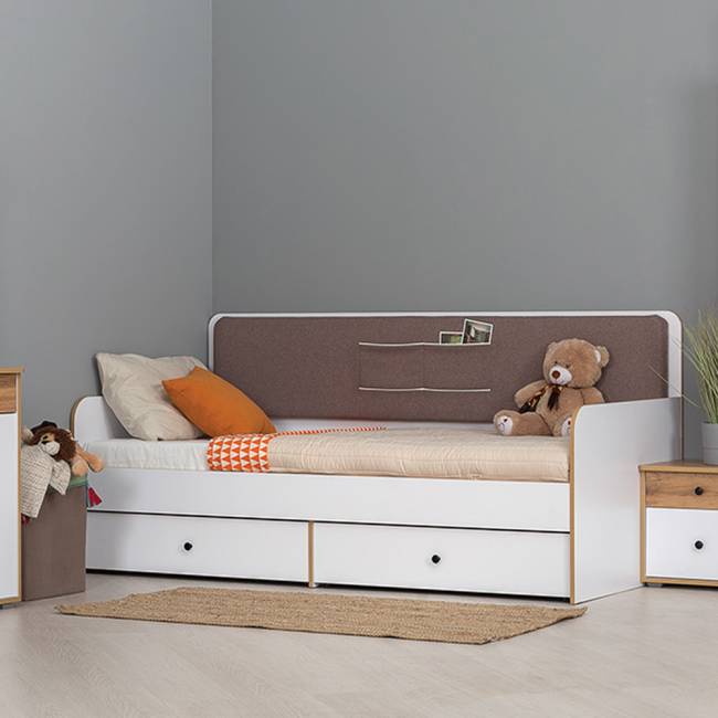 Кровать с ящиками Вуди 11.02 цвет белый премиум/дуб крафт золотой/саванна латте Кровать с ящиками Вуди 11.02 цвет белый премиум/дуб крафт золотой/саванна латте