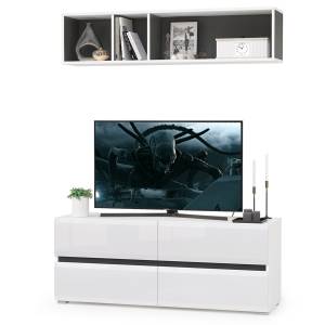 ТВ тумба Сидней с полкой цвет белый/чёрный/фасады МДФ белый глянец