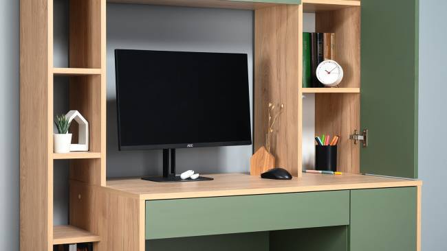 Рабочий компьютерный стол Комфорт 12.71 цвет гикори рокфорд натуральный/дымчатый зелёный Рабочий компьютерный стол Комфорт 12.71 цвет гикори рокфорд натуральный/дымчатый зелёный